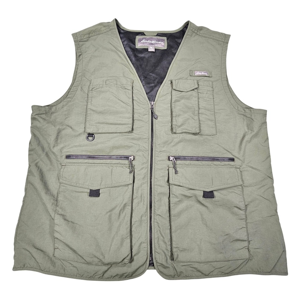 Eddie Bauer Mens 2XL Multi-Pocket Utility Vest Nylon Mesh Lined Olive Green Gear